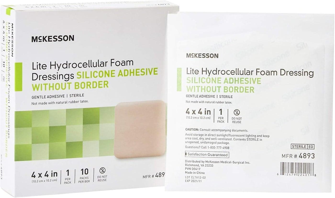 McKesson Lite Hydrocellular Foam Dressings Sterile Silicone Adhesive Without Border 4 in x 4 in 10 Count 1 Pack