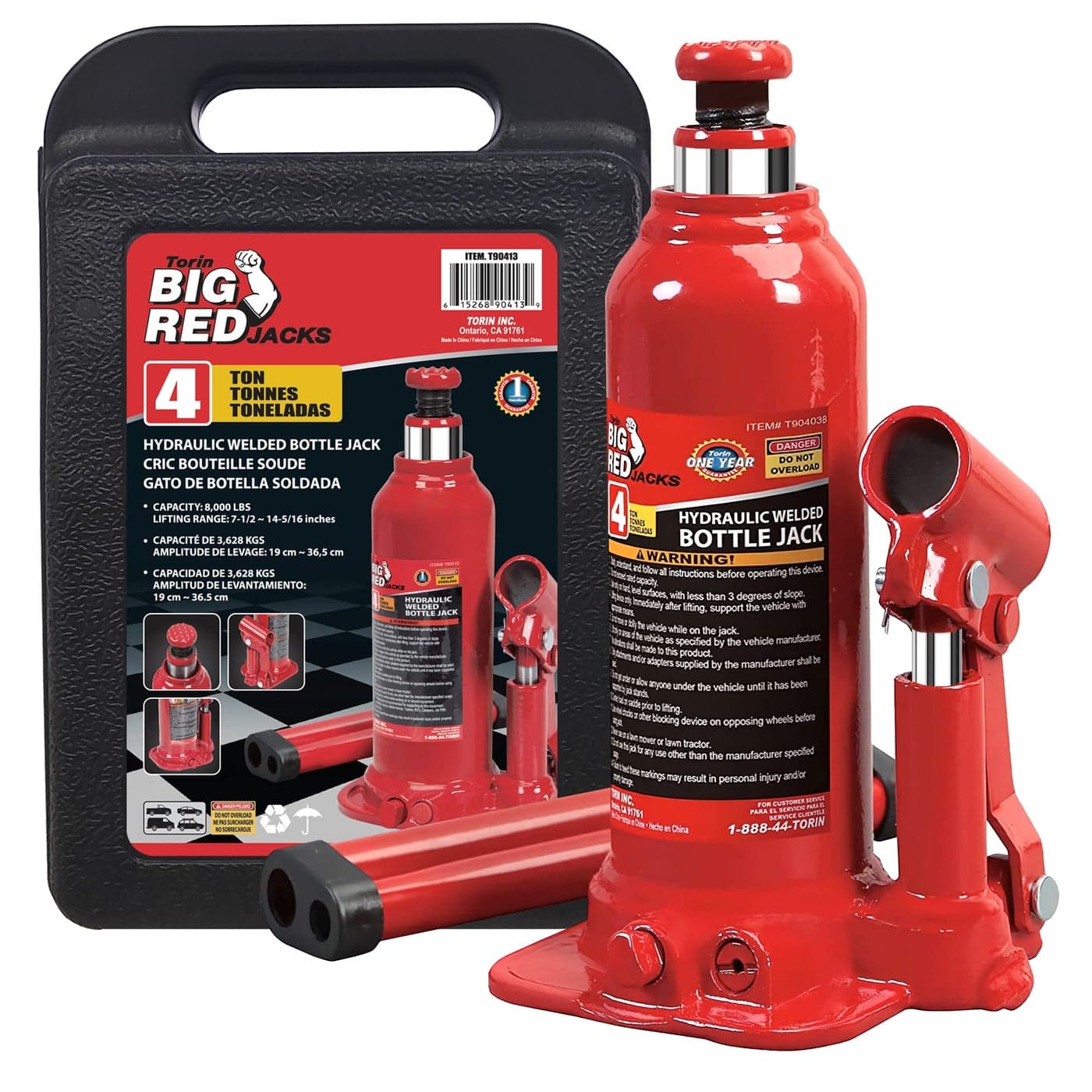 Torin T90413 Big Red Hydraulic Bottle Jack with Carrying Case 4 Ton 8000 lb Capacity