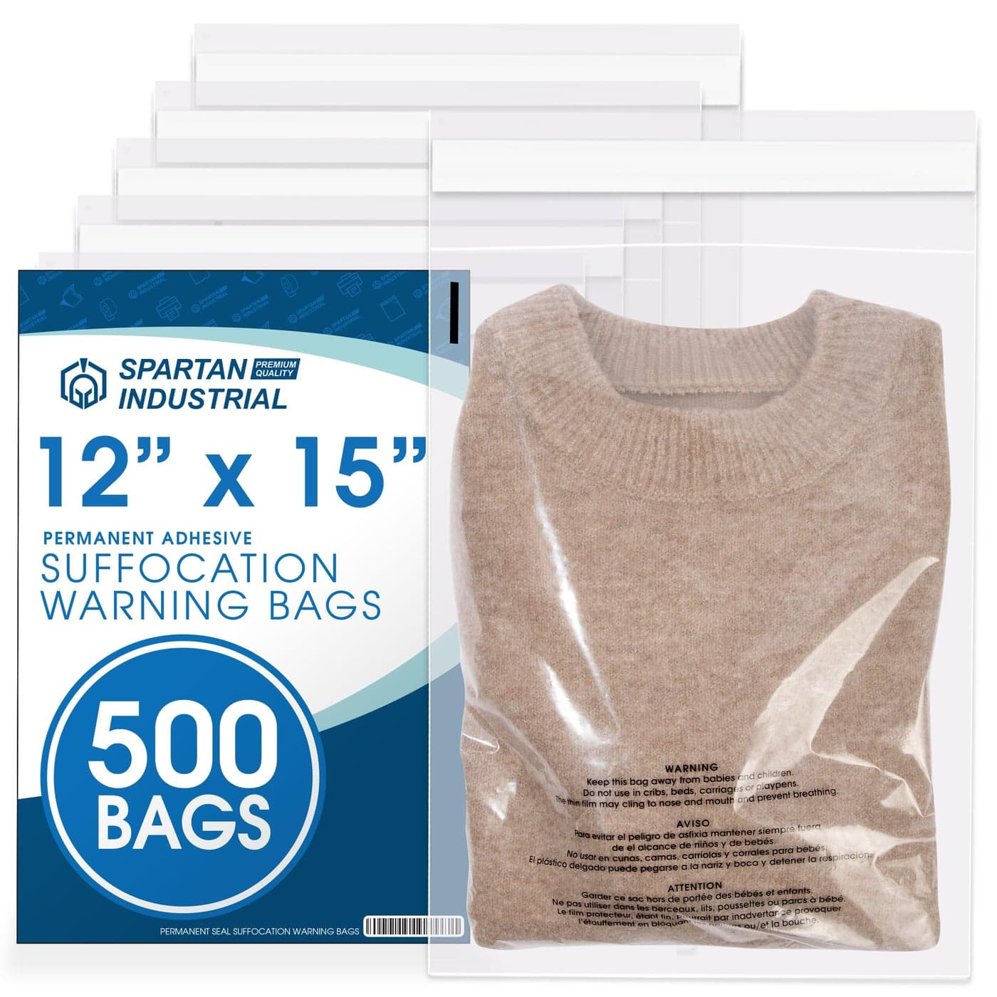 Spartan Industrial 12 X 15 500 Count Self Seal Clear Poly Bags with Suffocation Warning for Packaging Clothes Permanent Adhesive