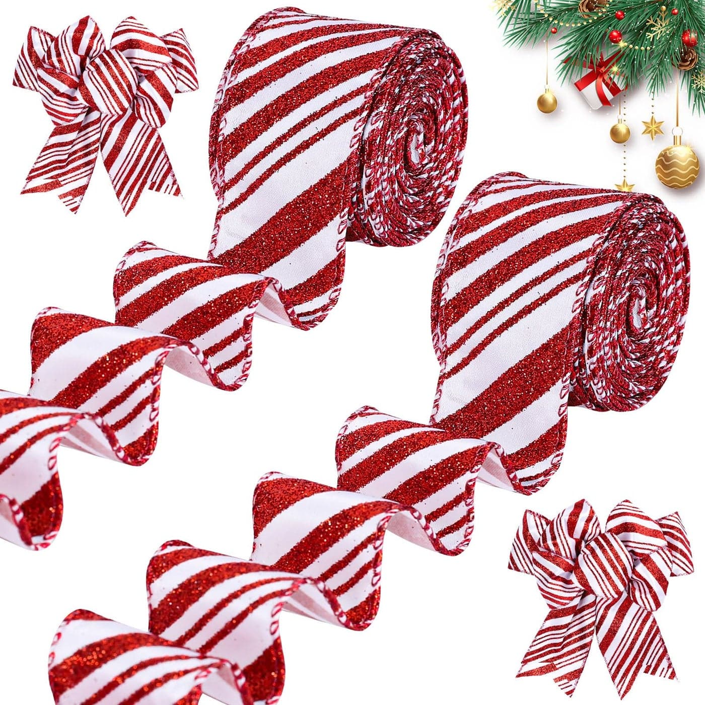 Whaline 2 Rolls 20 Yards Christmas Wired Edge Ribbons Glitter Red White Stripes Ribbon Christmas Candy Cane Gift Wrapping Ribbons for DIY Wreath Floral Arrangement Bow Decoration Supplies 15 Inch