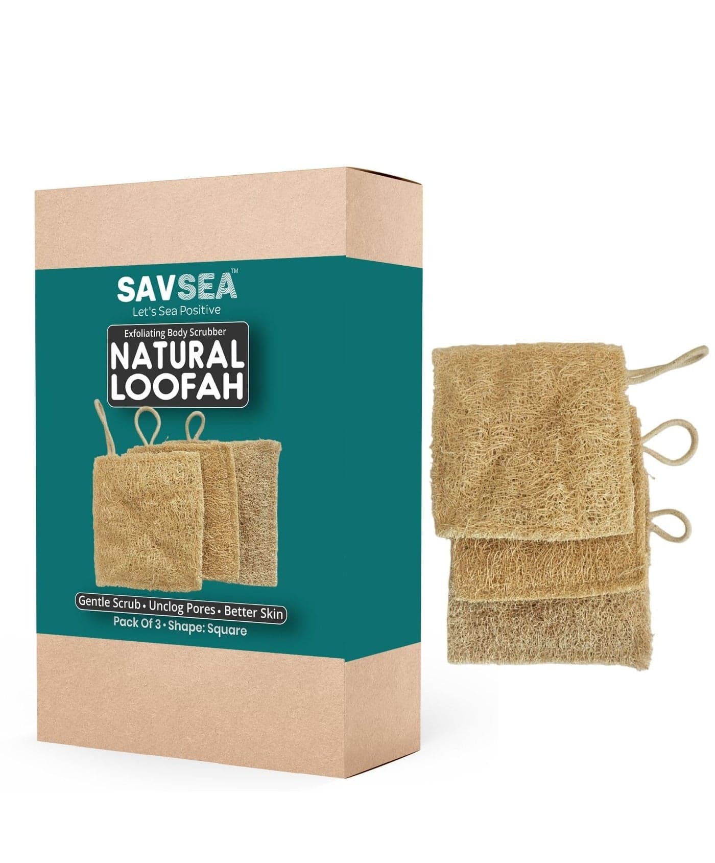 SAVSEA Natural Loofah for Bathing: Unisex Loofah for Women and Men, Also Perfect for Kids | Square Shaped Natural Loofah | Pack of 3