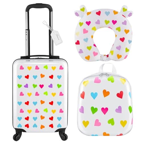 Sanwuta 4 Pcs Kids Luggage Set Kids Backpack Travel Rolling Suitcase with Wheels U-shape Pillow Childrens Gift for Girls Boys(17 Inch,Heart Style,White)