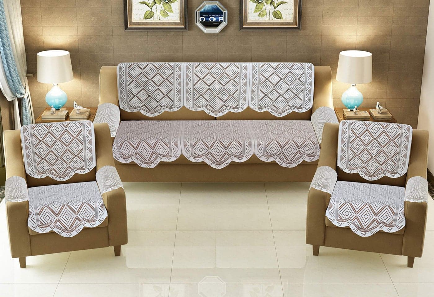 Yellow Weaves Polyester 5 Seater Sofa and Chair Cover Set with 6 Arm Covers (White, Pack of 12 Pcs)