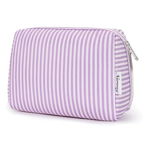 Narwey Striped Makeup Bag Travel Cosmetic Bag Organizer Toiletry Bag Make Up Bags with Compartments for Women Girls (Large, Purple Stripe)