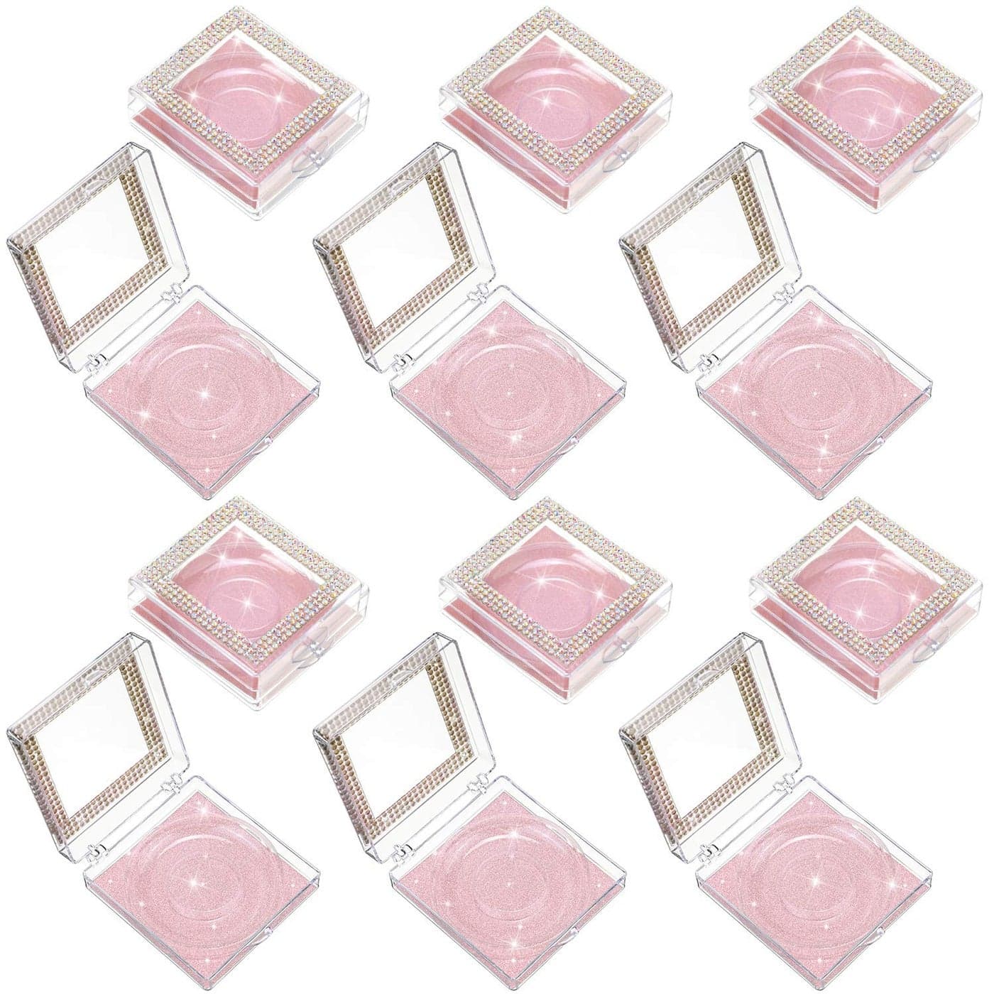 12 Pieces 3D False Eyelashes Packaging Boxes Rhinestones Square Lash Case Empty Eyelash Storage Boxes with Glitter Paper and Clear Tray for Women Eyelash CareRose Gold