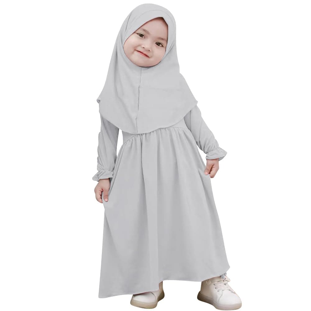 Newborn Infant Baby Girls Muslim Abaya Prayer Dress Toddler Kids Long Sleeve Maxi Islamic Kaftan Dress with Hijab Two Piece Set Middle East Arabian Dubai Robe Ramadan Eid Party Clothes Gray 1824M
