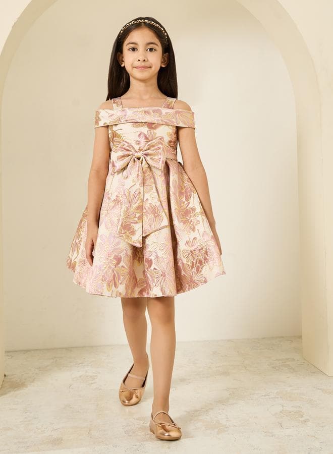 Girls Floral Jacquard A-Line Pleated Dress