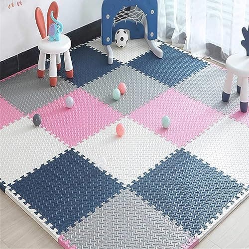 SIGNATRON Puzzle Flooring || Kids Interlocking Play mat || Shop Floor Mat || Kitchen Floor Mat || Pet Mat ||12 MM Thick (4 Tiles - 16 Square Feet, Grey - Navy Blue - Pink - White)