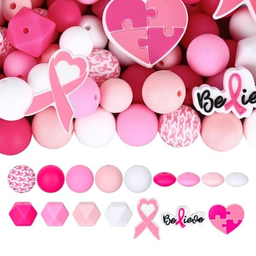 Whaline 104Pcs Breast Cancer Awareness Silicone Beads with Elastic Rope Assorted Pink Rubber Loose Spacer Beads for DIY Crafts Jewelry Necklaces Bracelets Keychain Making
