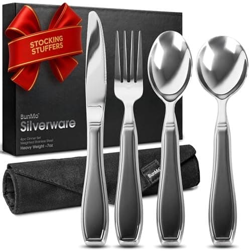BunMo Weighted Utensils for Tremors and Parkinsons Patients - Heavy Weight Silverware Set of Knife, Fork and Spoon - Parkinsons Gifts for People with Parkinson's - Adaptive Eating Flatware (4 Pieces)