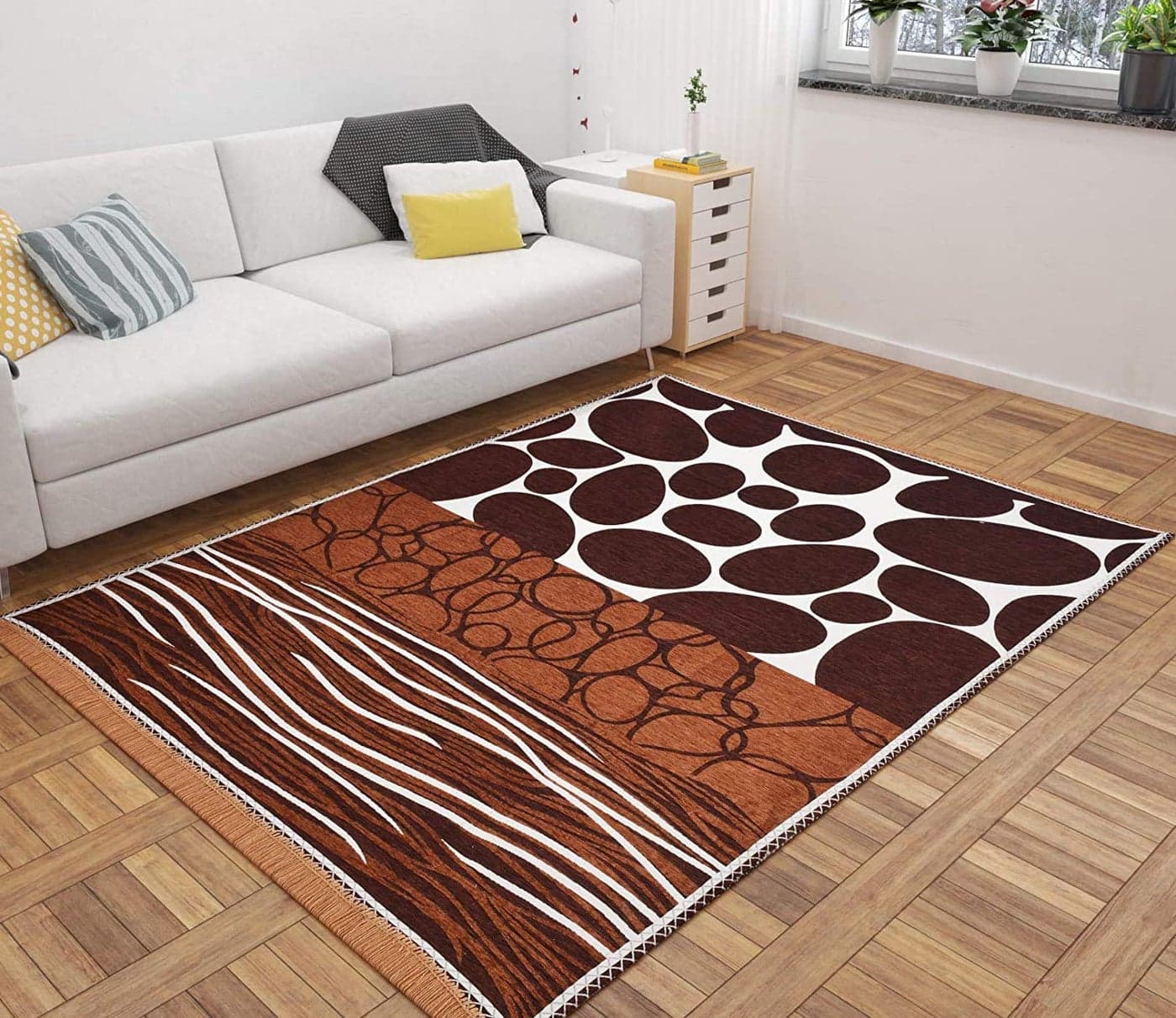 Zesture Bring Home Premium Jacquard Weaved Valvet Touch Living Room and Area Rug (Brown-Musturd, 4.5 Feet X 7 Feet)