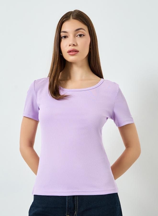 Purple Ribbed Round Neck T-Shirt