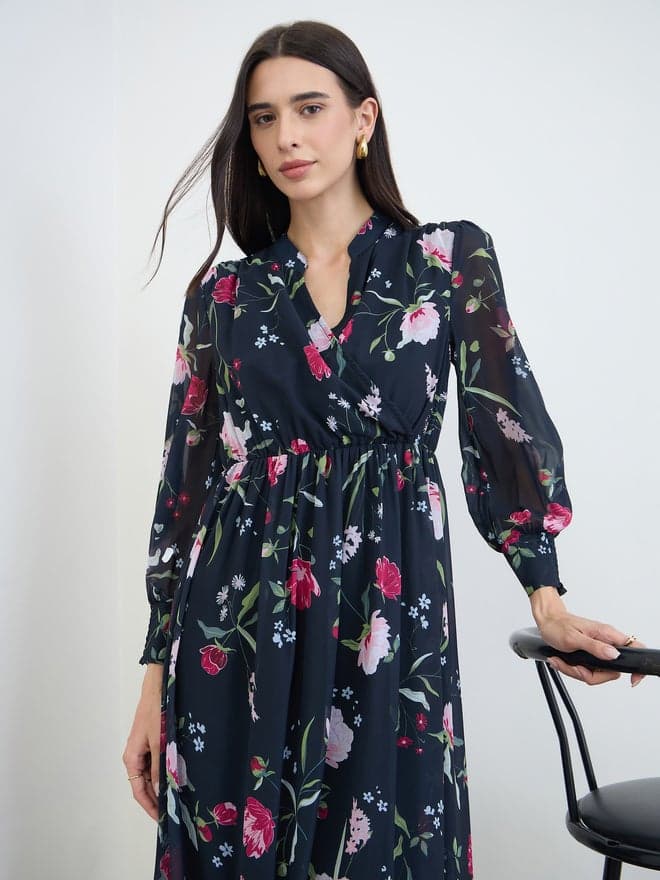 Dark Blue Floral Long Sleeves Maxi Dress