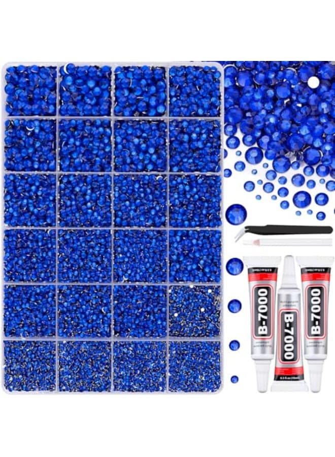 32000Pcs Resin Rhinestones with Tweezers for Crafting Royal Blue Flatback Gems Bedazzling Crystal with 3Pcs 10ml B7000 Jewelry Glue for DIY Crafts Clothing Tumblers Shoes Fabric Nail Art