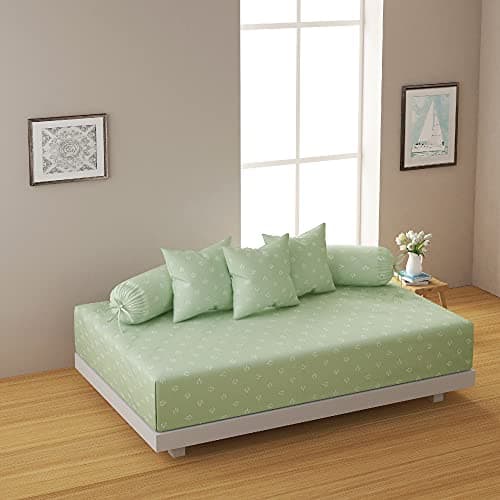 Swayam 250TC Diwan Set Mercerized Cotton 6 Pcs | Deewan Floral Printed Bedsheet Set for Living Room Hall (1-Bed Sheet 60x90 Inch | 2-Bolster Cover 30x30 Inch | 3 Cushion Cover 16x16 Inch) - Green