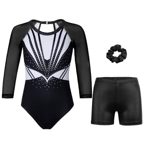 JOYSTREAM Gymnastics Leotards for Girls With Shorts Sparkly Ballet Dance Long Mesh Sleeve Classical Black Diamond,12-13Years