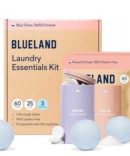 BLUELAND Laundry Essentials Kit, Fragrance Free & Clear - Plastic-Free Laundry Detergent Tablets, Oxi Booster, and Reuseable Natural Wool Dryer Balls