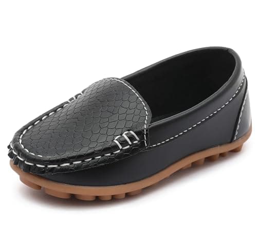 LONSOEN Toddler/Little Kid Boys Girls Soft Synthetic Leather Loafer Slip-On Boat-Dress Shoes/Sneakers,Black,SHF103 CN31