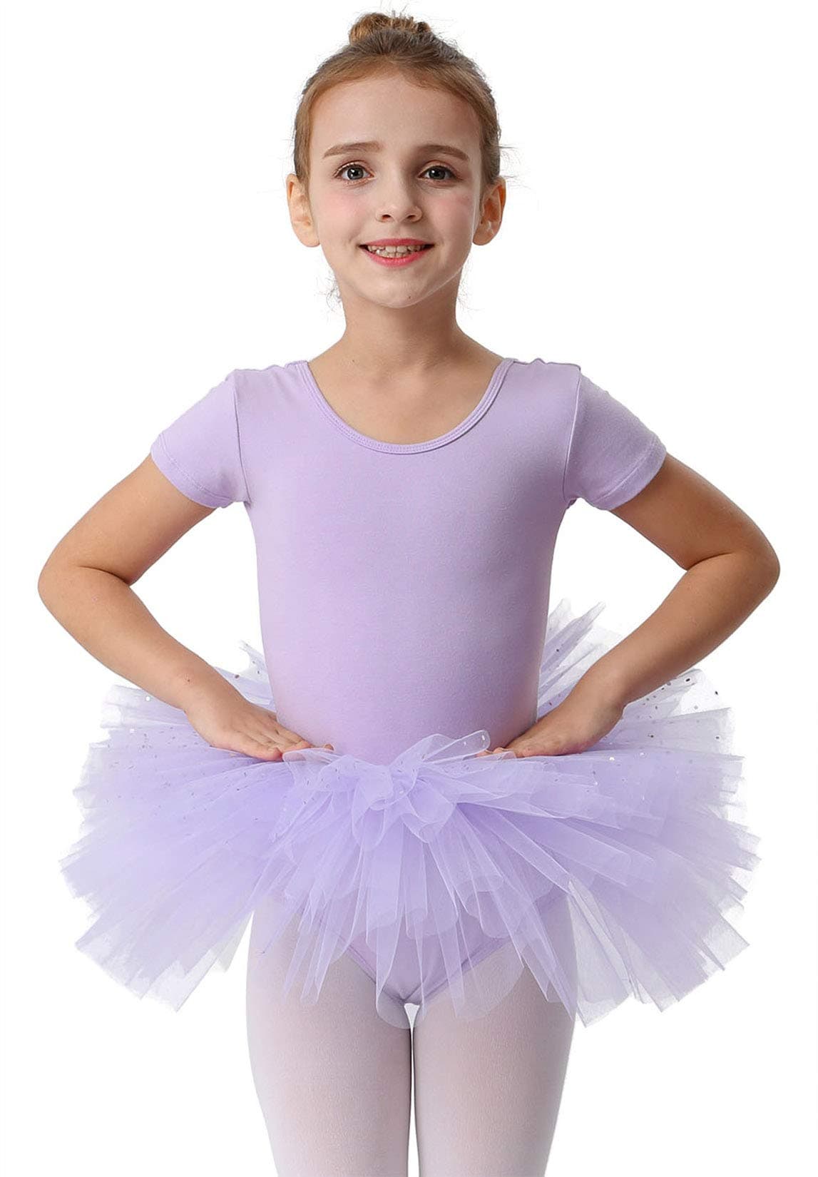 MdnMd Short Sleeve Glitter Dance Ballet Tutu Skirt Leotard Ballerina Outfit Costume for Girls Kids (Purple, 6-8 Years)