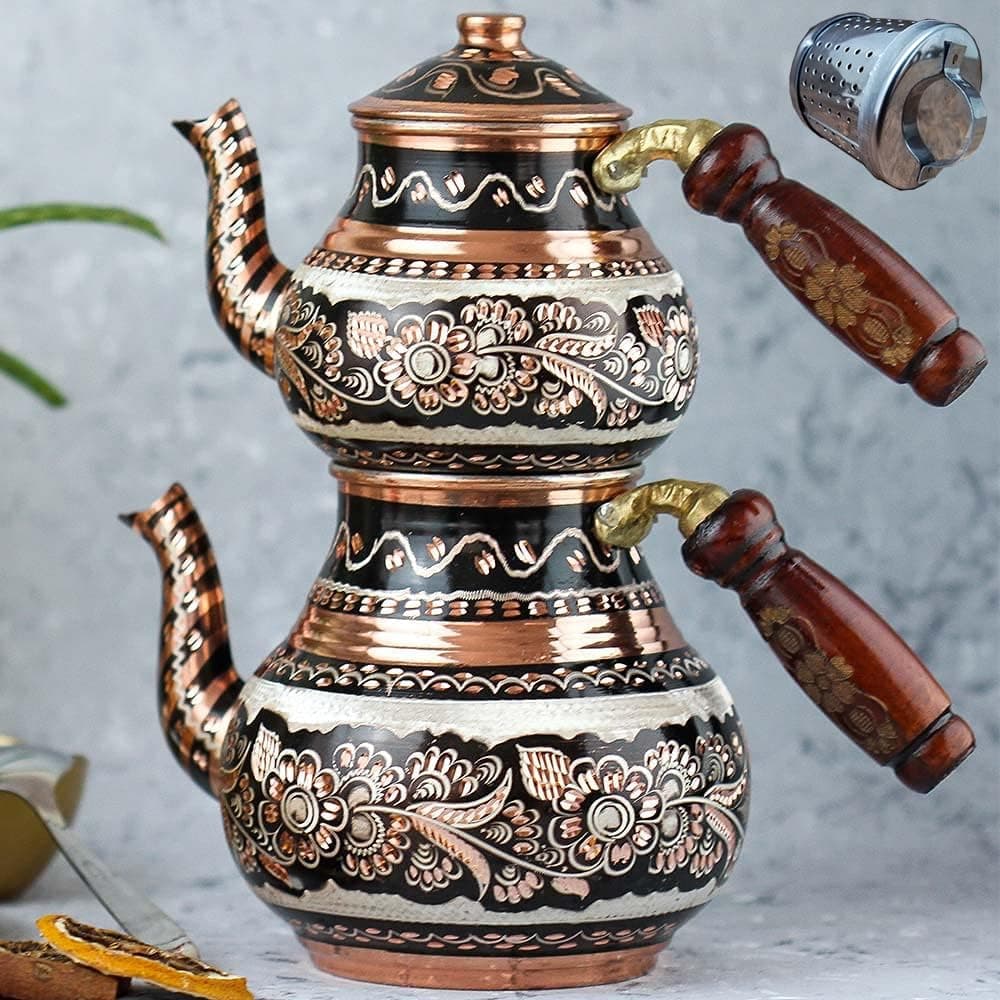 Copper Turkish TeaPot Tea Kettle Pots Set for Stove Top Stovetop Decorative Infuser Vintage Antique Arabic Farmhouse Glasses Tray Cups Serving Party Moroccan Decor Style Persian Kitchen Women