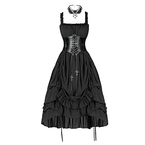 Teyujosem Women's Steampunk Dress Renaissnace Victorian High Low Ruffled Dress Halloween Costume(LYQ0015BKS,L)