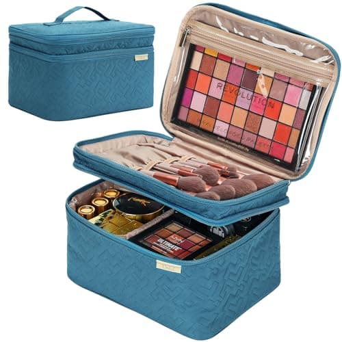 NISHEL Large Double Layer Travel Makeup Bag Women Cosmetic Case Organizer for TravelSize Accessories Bottles Brushes Conditioner and Skin Care Products Lake Blue