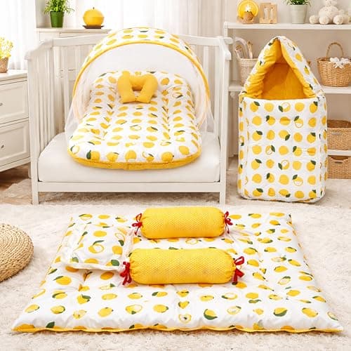Fareto Combo of Baby Bed with Net | Carry Bag | 4 Pcs Bedding Set (0-6 Months, Baby Size, Cotton) (Lemon Yellow)