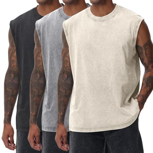 Yimoon Mens Tank Tops Workout Sleeveless Shirts Cotton Acid Wash Tees Loose Gym Muscle Shirts(BlackGreyBeige-XXL)