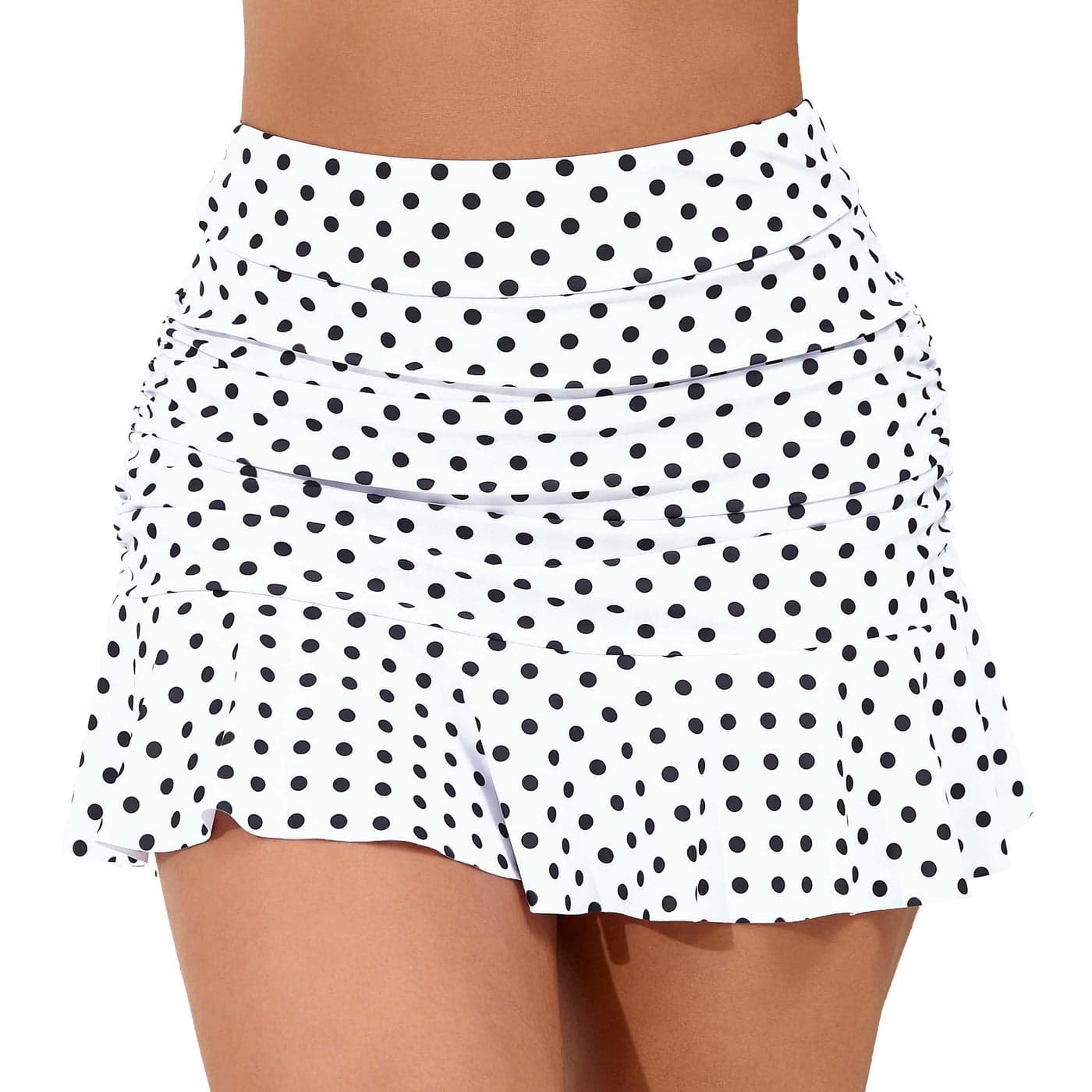 Halcurt Womens High Waisted Ruched Ruffle Swim Skirts with Short Tummy Control Bikini Bottoms Swimsuit White Polka Dot L