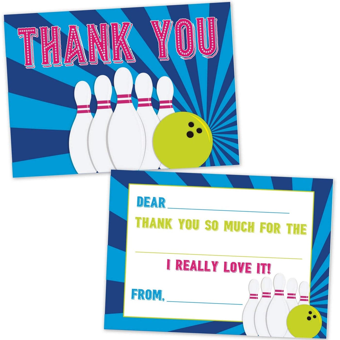 Old Blue Door Invites Bowling Fill in the Blank Thank You Cards for Kids 20 Count with Envelopes Bowling Party Supplies for Boys and Girls Cosmic Neon Bowling Thank You Notes