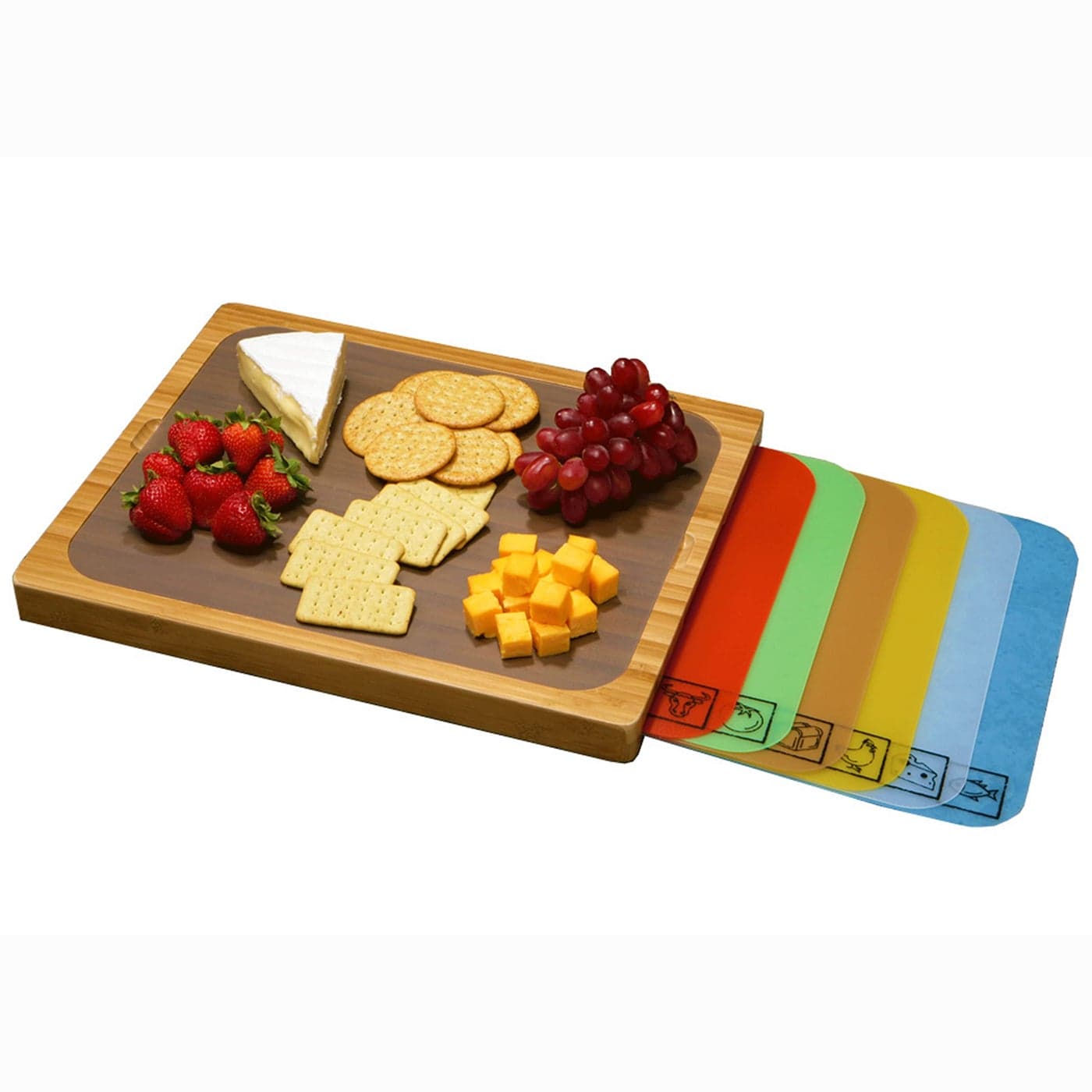 Seville Classics Bamboo Premium Wood Cutting Board Serving Tray w 7 ColorCoded BPAFree Mats for Chopping Bread Cheese Fruits Vegetables Meats Charcuterie PATENTED Bamboo NEW MODEL