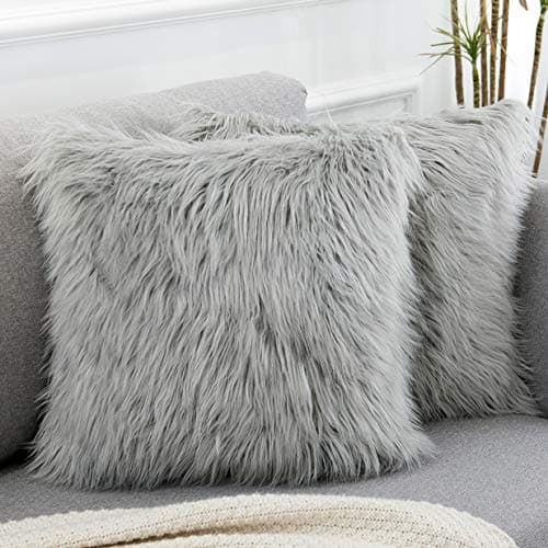 WLNUI Set of 2 Light Grey Christmas Decorative Pillow Covers New Luxury Series Merino Style Faux Fur Fluffy Throw Pillow Covers Fuzzy Cushion Case for Sofa Bedroom Living Room Home Decor 18x18 Inch