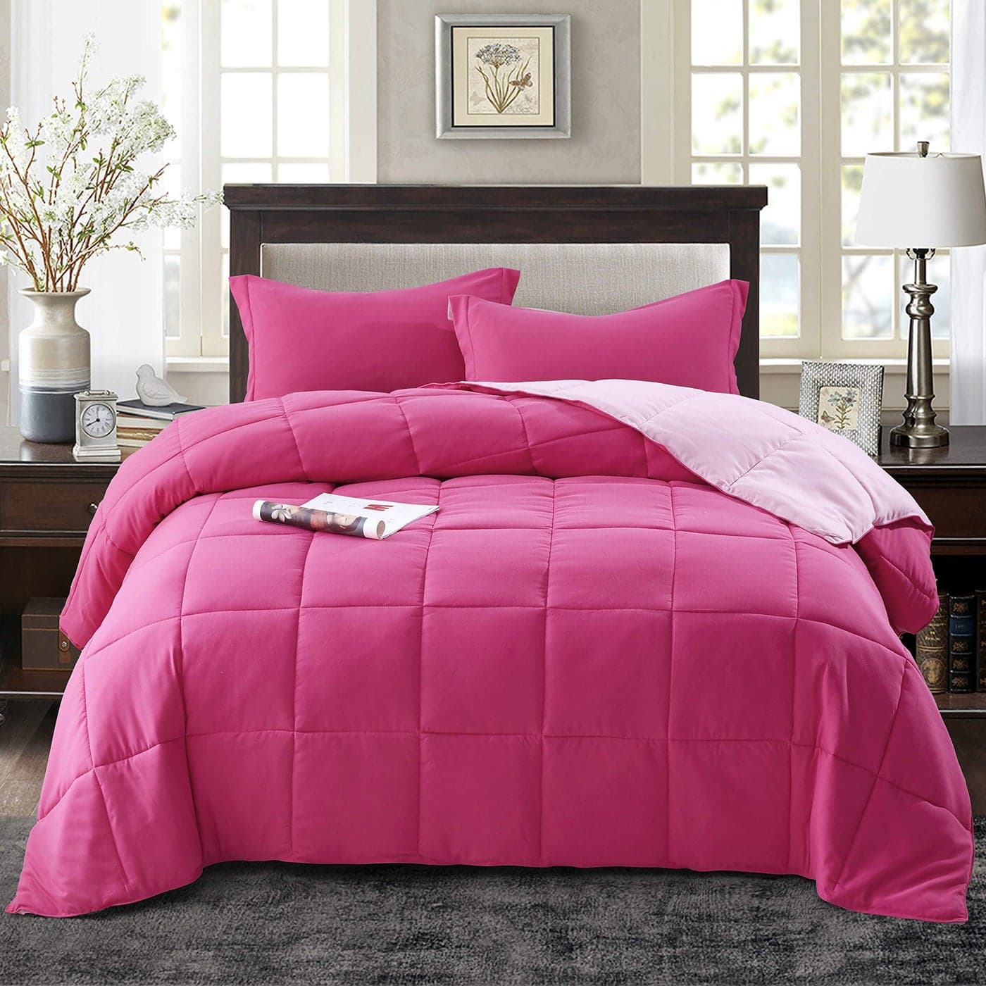 HIG 3pc Pink King Comforter Set Duvet Insert Reversible All Season Box Stitched with Corner Tabs Soft Fluffy