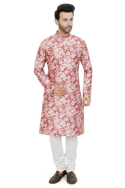 Logass Silk Blend Digital Printed Kurta Pyjama Set for Men & Boys Ethnic & Designer Wear LE-105 (Size-38- M, Red)
