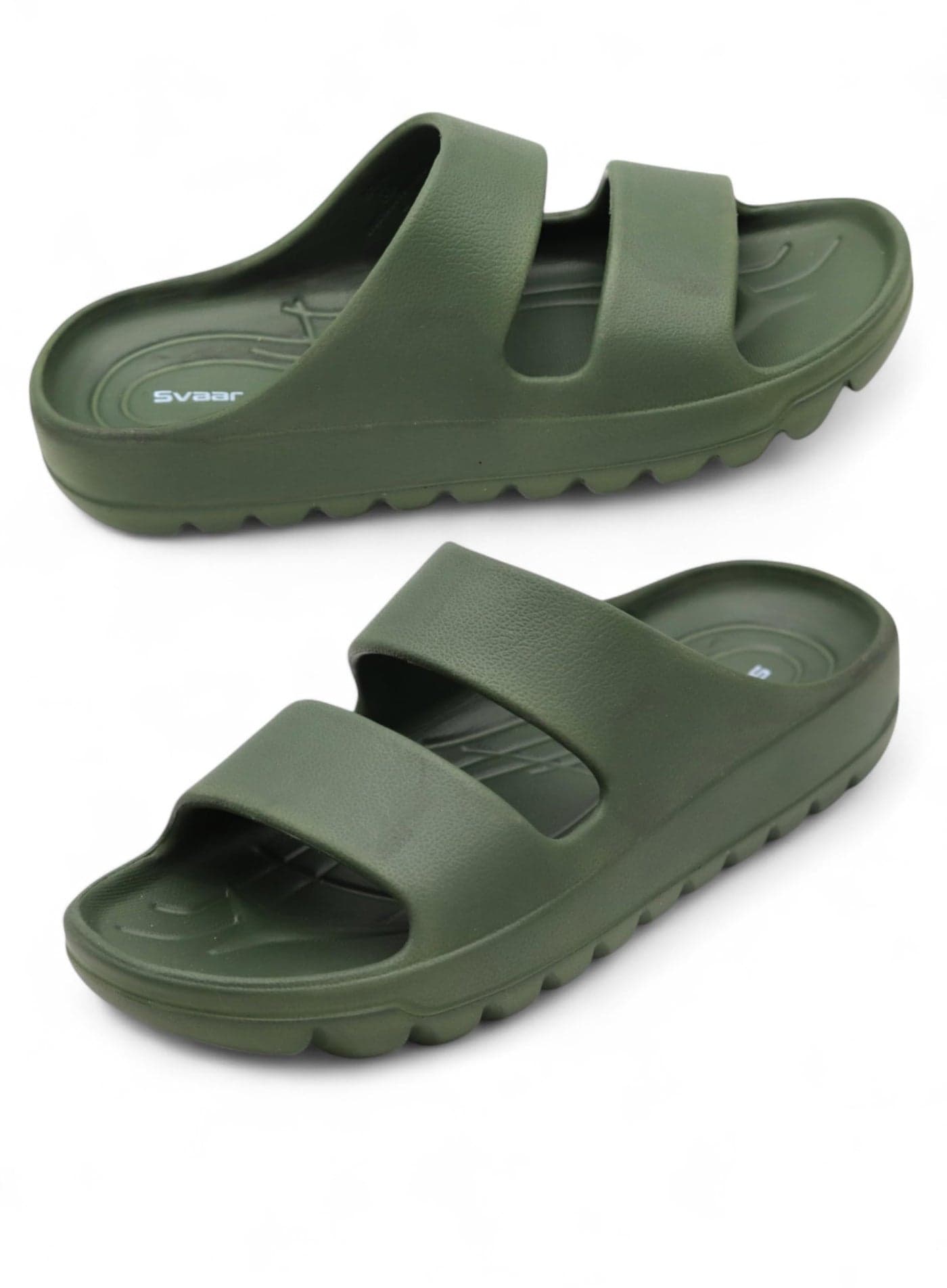 SVAAR Soft EVA Double Strap Slippers for Men | Stylish Anti-Skid Slides with Arch Support & Bouncy Sole | Lightweight Indoor Outdoor Comfort Olive Green
