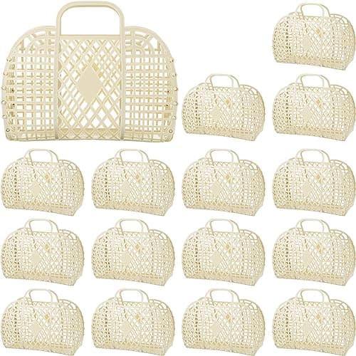 Hsei 16 Pcs Girls Jelly Purse Bags Easter Basket Reusable Jelly Beach Bag Plastic Beach Tote Gift Basket for Kid Girl(Beige)