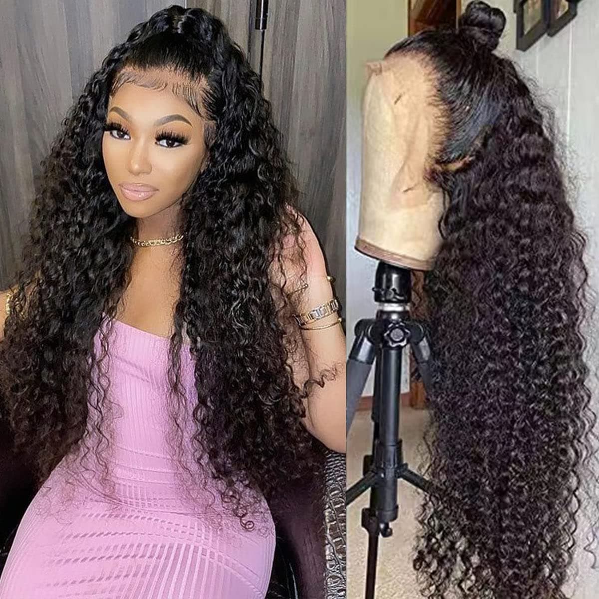 WPPIKK 13x4 Lace Front Wigs Human Hair Pre Plucked Brazilian Water Wave Human Hair Wigs for Black Women Glueless 180 Density Curly Lace Frontal Wig 32 Inch