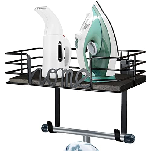 TJ.MOREE Ironing Board Hanger Wall Mount- Laundry Room Decor- Iron and Ironing Board Holder, Laundry Room Organization and Storage with Large Storage Dark Gray Wooden Base Basket and Removable Hooks