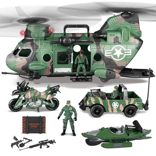 JOYIN 10in1 Military Helicopter Toys Set with Light Sound Trucks Boat Bike Army Men Weapons Christmas Birthday Party Gifts for Kids