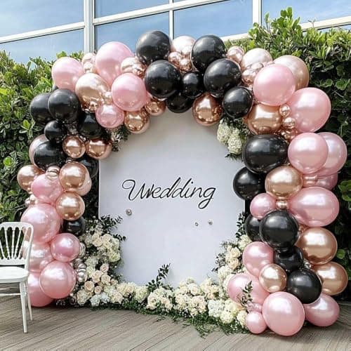 Pink Black Balloon Arch Kit Double Stuffed Pastel Pearl Baby Pink Balloon Garland with Champagne Rose Gold Balloons for Birthday Bridal Baby Shower Wedding Graduation Party Decoration