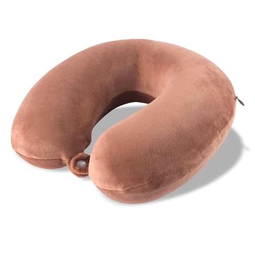Kuber Industries U-Shaped Memory Foam Neck Pillow for Flight Travel, Train & Car with Press Button | Portable Travelling Pillow | Ideal for Long Journey Relaxation | JR-1-BRN | Brown