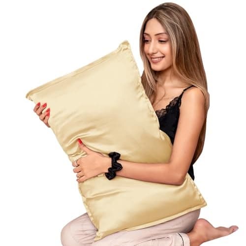 Furbo 100% Pure Mulberry Silk Pillowcases for Hair & Skin | Anti-Acne | Anti-Frizz | Hypoallergenic | Breathable | Cooling | Soft Luxury Pillow Covers – Champagne Gold (Pack of 2 | Standard Size)
