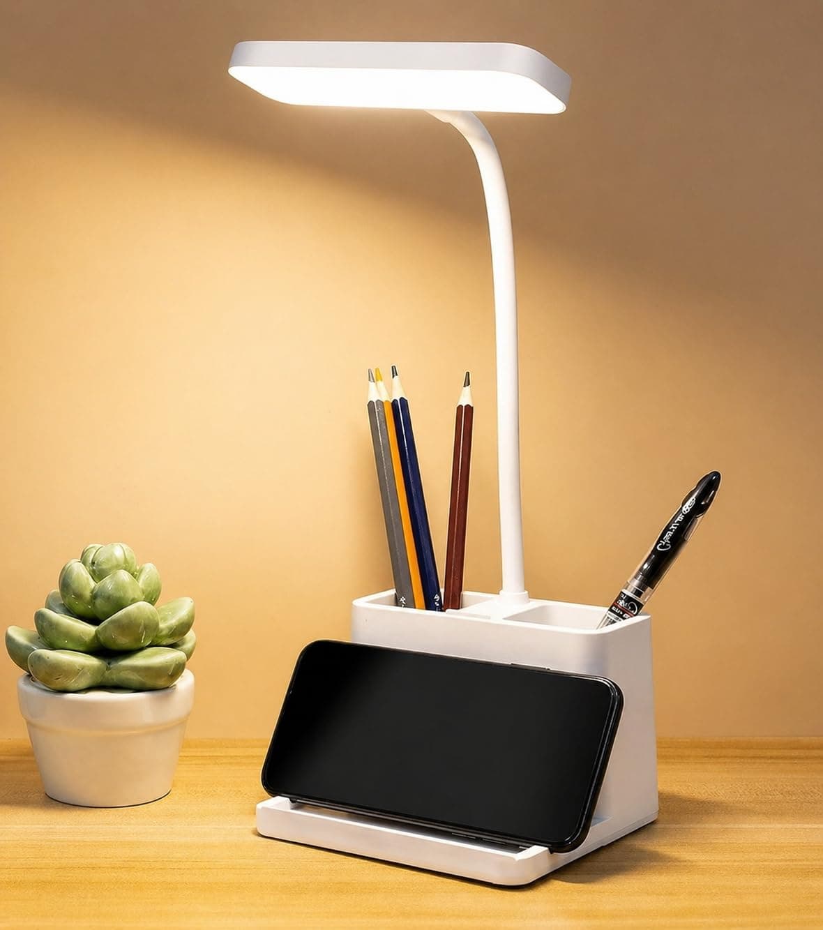 SaleOn Rechargeable Stable Desk Lamp with USB Cable | 3 Color Modes | 6 Month Warranty | Mobile Holder | Eye Protection | Study & Reading Table Lamp | Touch Control | Non-Flickering (1200mAh Battery)