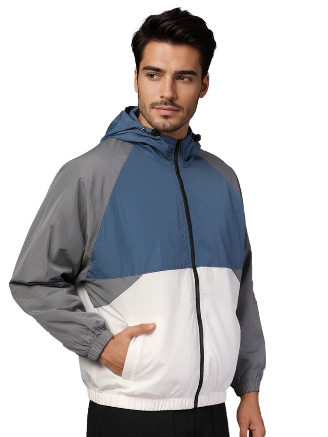 CHKOKKO Mens Stylish Oversized Windcheater Jacket with Zip Closure Lightweight Sportswear for Running Travel Hiking Outdoor and Rainy Season Wear BlueWhiteGREY XL