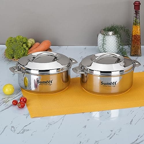Sumeet Smart Serve Stainless Steel Double Wall Insulated Small Hot Pot/Hot Meal Box/Casserole Set Of 2Pc,1 Liter Each,Silver