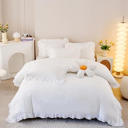 MOOWOO Chic Ruffle Lace Polyester Duvet Cover Set -Girl White Bedding-2 Piece Twin Comforter Duvet Cover with Zipper Closure -Ultra Soft and Light Weight(White, Twin)-NO Including Comforter