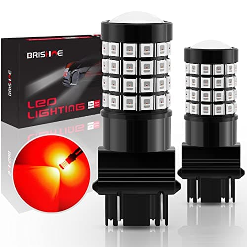 BRISHINE 3157 3156 3056 3057 3457 4157 4057 LED Flashing Strobe Blinking Brake Light Bulbs, Super Bright 52-SMD Chipsets LED Bulbs with Projector for Tail Stop Lights, Brilliant Red(Pack of 2)
