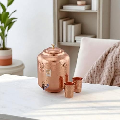 Copper Master 5 Litre Water Dispenser Dispenser (Matka) Container Pot with 2 Pure Copper Glasses and Ayurvedic Health Benefits (5000 ml + 600 ml)