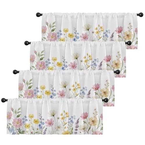 Emvency 4 Pack Valances Window Treatments Spring Wildflower Flower Blackout Adjustable for Living Room Bathroom Bedroom Kitchen Over Sink 52x18 Inch Rod Pocket Valances