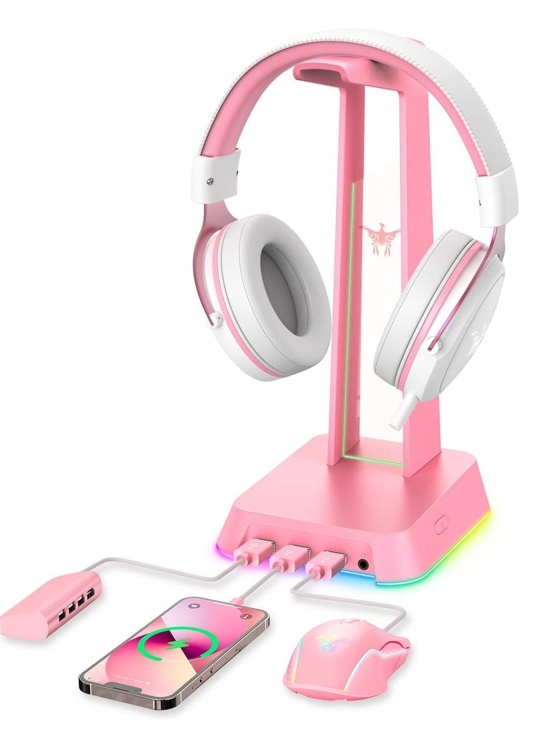 RGB Headphones Stand with 3.5mm AUX and 3 USB 2.0 Ports, Gaming Headset Holder Hanger Non-slip Rubber Base for AJIJAR (Not Included), PC, Desktop (Pink)